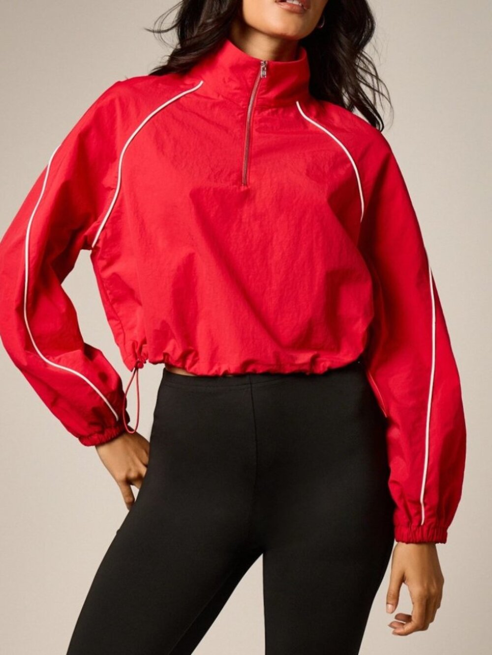 Red Contrast Piping Cropped Half-Zip Jacket